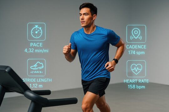 a man in blue shirt running on a treadmill, showcasing fitness tracking information