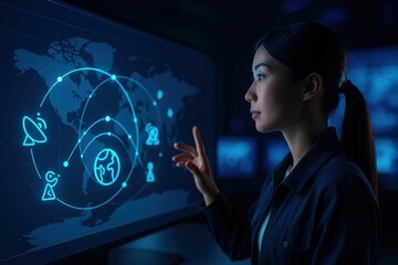 A woman interacts with a futuristic display panel, possibly for technological or scientific purposes. A futuristic technology, the image may suggest innovation or data analysis.