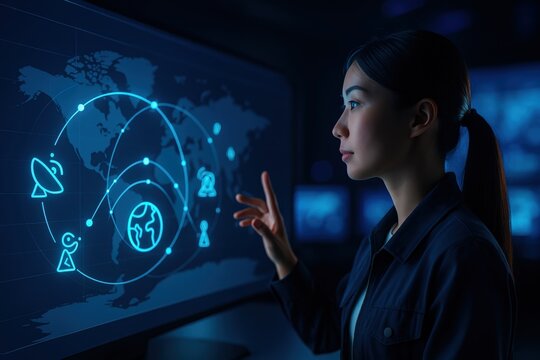 A woman interacts with a futuristic display panel, possibly for technological or scientific purposes. A futuristic technology, the image may suggest innovation or data analysis.