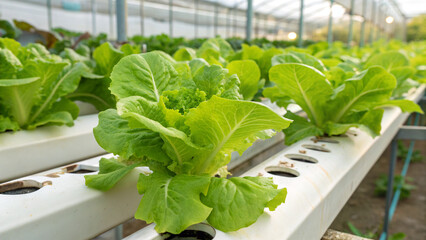 Fresh lettuce growing in a hydroponic farm during daytime in a greenhouse