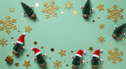 Festive Christmas Trees with Santa Hats and Golden Stars