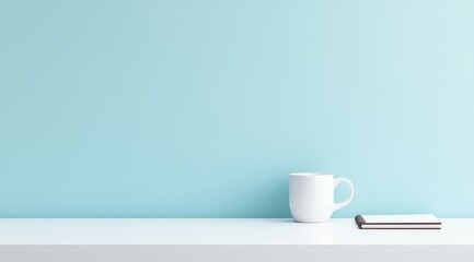 Obraz premium Clean and Simple Workspace With a White Mug and a Notebook on a Pastel Blue Background.