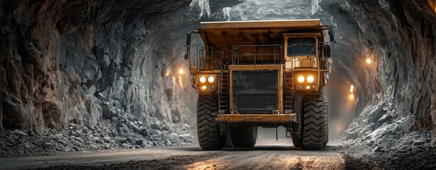 Massive Dump Truck Traverses Dark Tunnel in Underground Mine During Evening Hours.