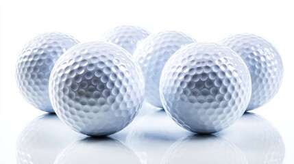 Several white golf balls arranged closely together with shadows on a reflective surface,