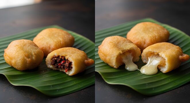 Combro and misro duo on banana leaf