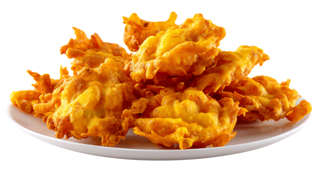 Pile of crispy onion fritters isolated on transparent background