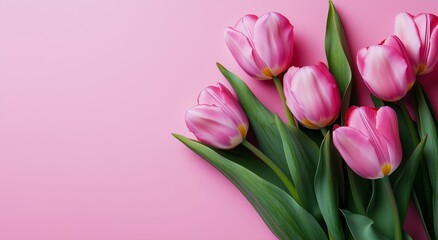 Naklejka premium Bright Pink Tulips Arranged on a Soft Pink Background for Fresh Floral Decor and Spring Vibes