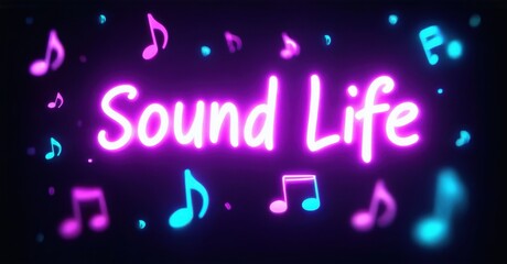 Bright neon sign displays Sound Life text. Musical notes surround words, creating vibrant, energetic atmosphere. Dark background enhances glow.