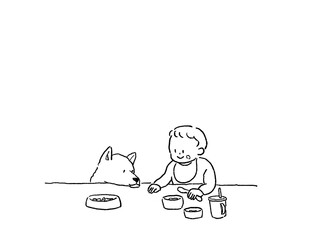 テーブルに顔を乗せる芝犬と、ご飯を食べる赤ちゃん、線画、