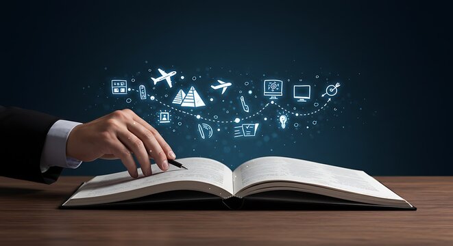 Unlock your travel dreams! A hand guides you through destinations, ideas, and adventures in this open travel guide book