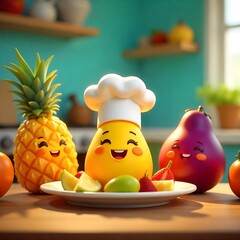 Cute cartoon fruits and vegetables cooking high resolution image