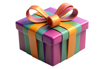 3d illustration of a colorful gift box with purple, green, and orange stripes, tied with a matching ribbon and bow, isolated on a transparent background