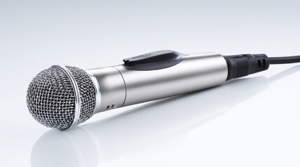 A sleek handheld microphone with silver metallic finish and black accents,