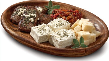 Wooden platter featuring grilled meat, cheeses, and a savory vegetable relish.