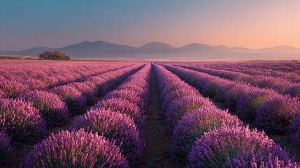Obraz premium Rows of purple flowers stretch to meet distant mountains under a serene sky. A tranquil landscape of nature's beauty.