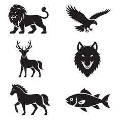 A black silhouette vector collection of various animals, including wild and farm mammals, birds, and pets