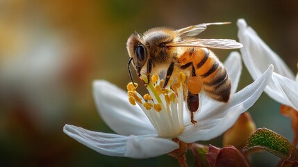 A bee delicately gathers pollen from a pristine white flower, embodying the essence of nature's harmony. Golden pollen sacs are attached to its legs.