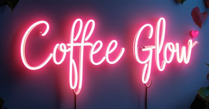Bright pink neon sign displays Coffee Glow. Script lettering stands against dark purple wall. Minimalist design, modern aesthetic.