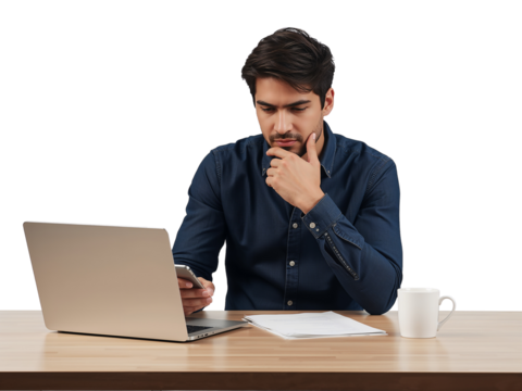 Contemplative young professional analyzing data with laptop and mobile isolated transparent