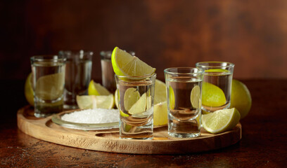 Gold tequila with salt and lime slices.