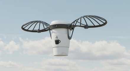 Drone delivering coffee cup against cloudy sky background  