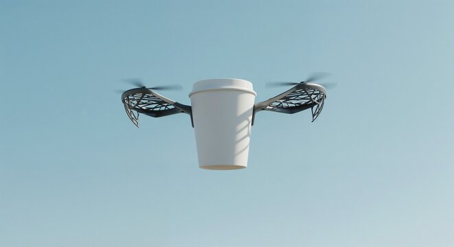 Flying drone delivering coffee cup against clear blue sky  