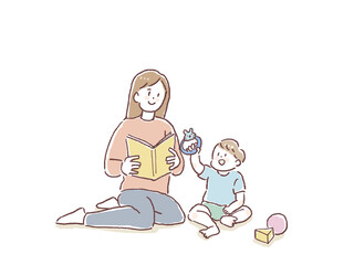 本を読むお母さんと、おもちゃで遊ぶ赤ちゃん、子供