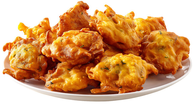 Plate of golden onion pakora isolated on transparent background