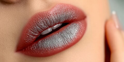 Fototapeta premium Glamorous Silver-Kissed Seduction Fashionable Lip Shades Concept with Red and Silver Tones in Focus