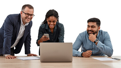 Enthusiastic diverse team collaborates effectively on project with digital tools on a workspace