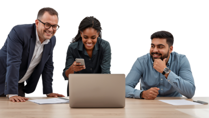 Enthusiastic diverse team collaborates effectively on project with digital tools on a workspace