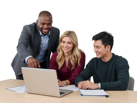 Diverse group collaborating using laptop on project with isolated transparent design