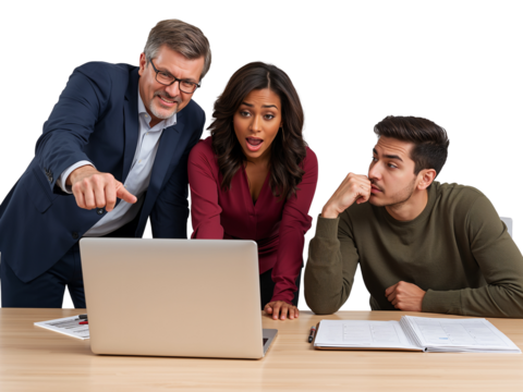 Surprised colleagues look at laptop screen during a project collaboration sessionisolated