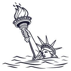 Statue of liberty emerging from water with torch held high in dramatic illustration