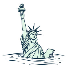 Statue of liberty partially submerged in water symbolizing climate change and rising sea levels