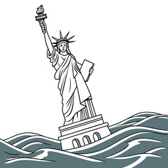 Statue of liberty sinking into stormy ocean waves symbolizing crisis and disaster