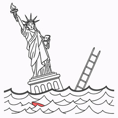 Statue of liberty sinking in ocean with ladder and red boat fragment symbolizing crisis