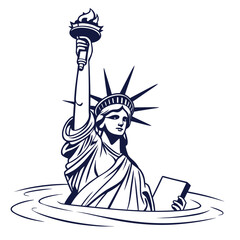 Statue of liberty submerged in water symbolizing climate change and rising sea levels concept