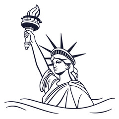 Stylized black and white illustration of the statue of liberty holding a torch above the waves