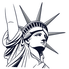 Stylized black and white illustration of the statue of liberty s iconic face and crown