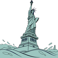 Stylized illustration of the statue of liberty standing tall amidst stylized ocean waves and splashes