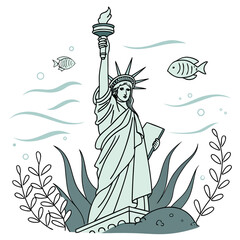 Stylized illustration of the statue of liberty with underwater elements like fish and plants