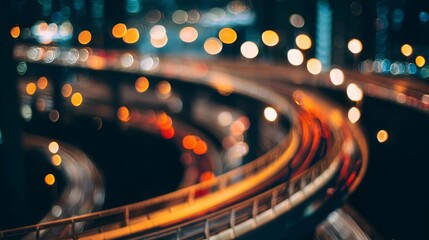 Urban night scene with bright street lights creating circular bokeh patterns,