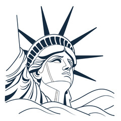 Stylized line art illustration of the iconic statue of liberty head and crown against a white background