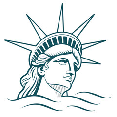 Stylized line art illustration of the statue of liberty head emerging from stylized waves