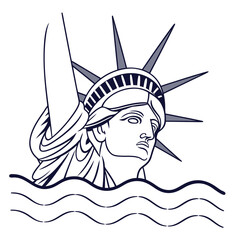Stylized line art illustration of the statue of liberty s face emerging from wavy water