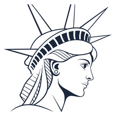Stylized line art illustration of the statue of liberty s head in profile view