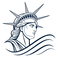 Stylized line art illustration of the statue of liberty s iconic face and crown against a white background