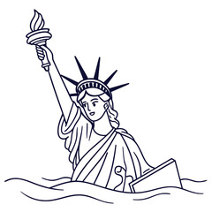 Stylized outline drawing of the statue of liberty emerging from wavy water with a torch held high