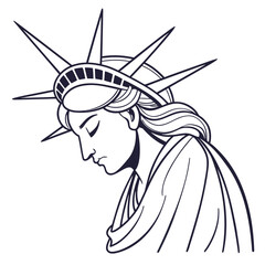Stylized line art illustration of the statue of liberty s head and shoulders in profile with eyes closed
